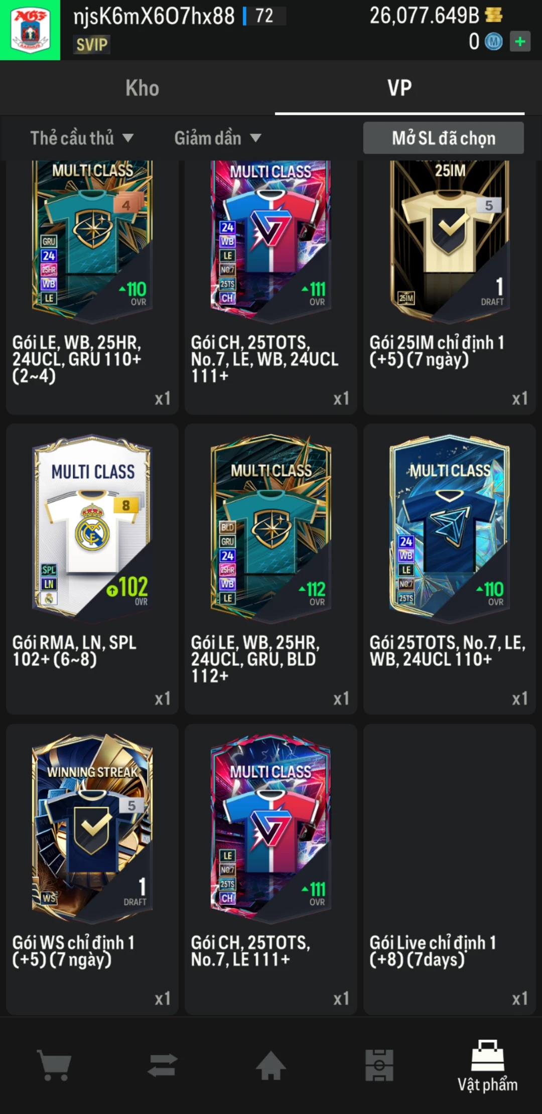 Ảnh ACC mở thẻ (LOẠI SVIP) bao gồm 1 gói thẻ +12 và 500+ đến 600+ thẻ cầu thủ từ Siêu sao đến Miền núi các loại. Có sẵn BP trắng trong acc từ 18.000 tỷ BP đến 26.000 tỷ BP, kèm theo nhiều ngày SVIP